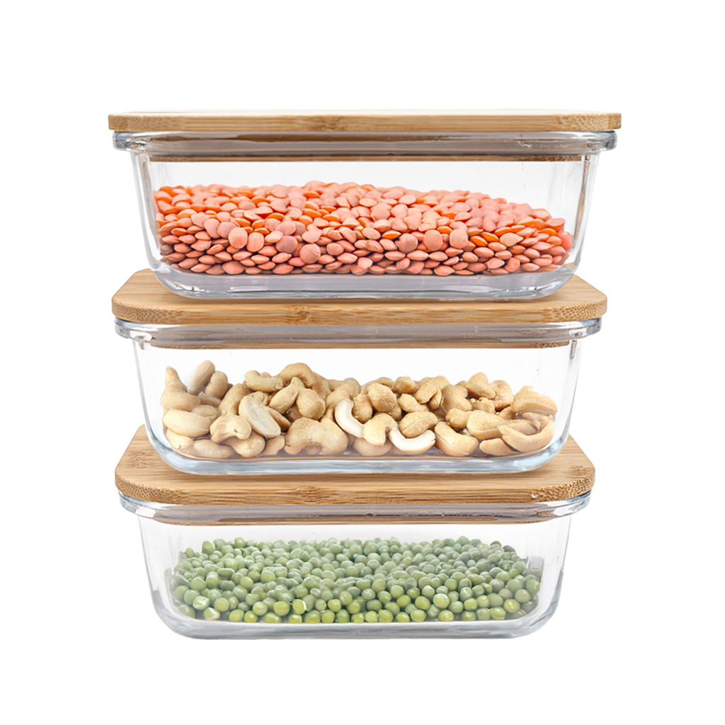 kit 3 potes de vidro 600ml com tampa de bambu hermético marmita retangulares - Tud em Oferta na Shopee