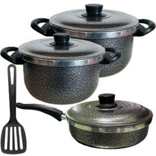 Kit Panelas 3 Peças Caçarolas Alumínio CRAQUEADO Com Frigideira N.18,1 Espátula em Oferta na Shopee