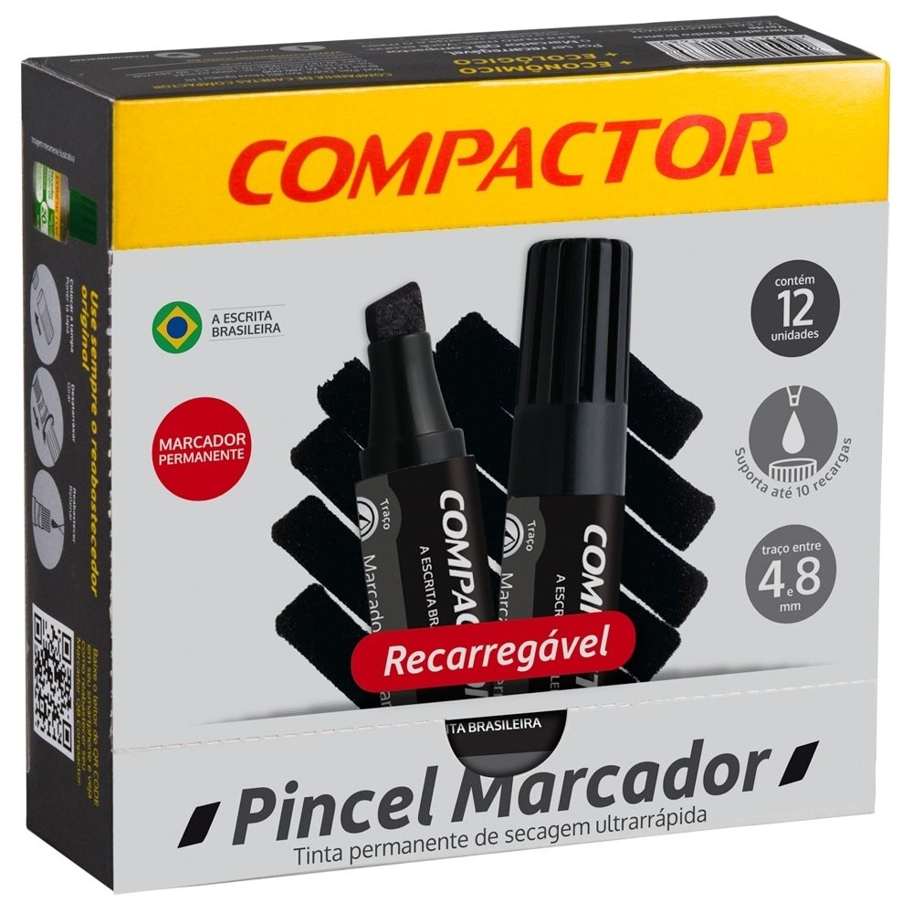 Marcador Permanente Compactor Preto - Embalagem com 12 Unidades em Oferta na Shopee