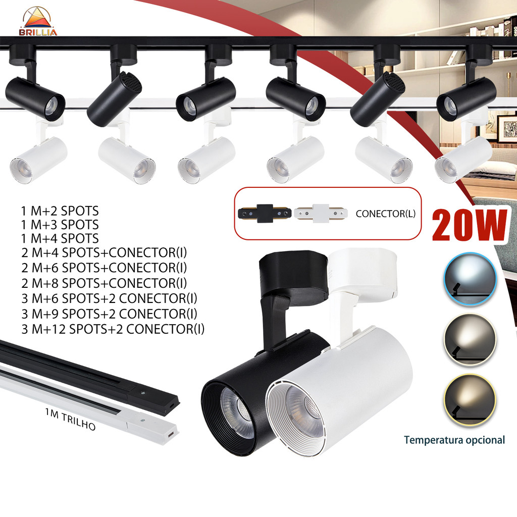 Kit Trilho Spot LED 20W para trilho eletrificado Interno Econômico Luz Ambiente ou Comercial Bivolt 