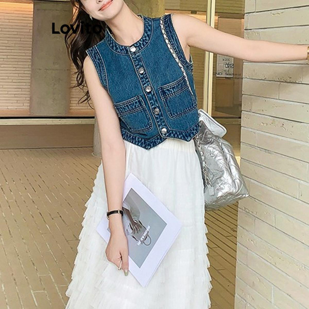 (Trendy) Lovito Top Casual Com Botão Frontal E Bolso De Metal Jeans Verão/Primavera Para Mulheres LNM66069 - Women Clothes