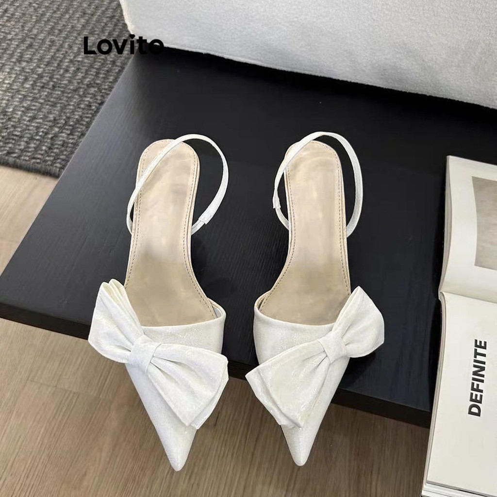 (Trendy) Lovito Elegante Simples Laço Tira Traseira Bico Fino E Fundo Plano Salto Preto para Mulheres LFA58313 - Women Shoes