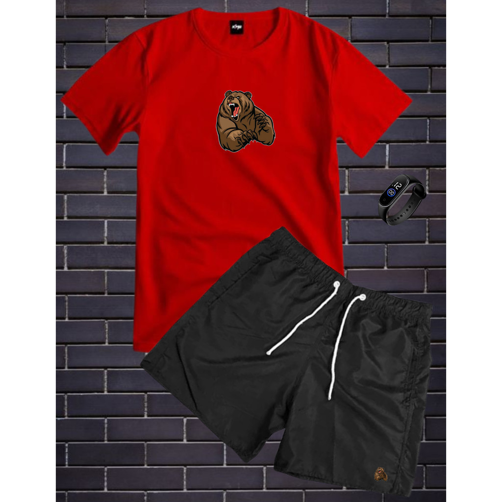 Conjunto kit camiseta e bermuda tectel estampa Urso mais RELOGIO DIGITAL TOP
