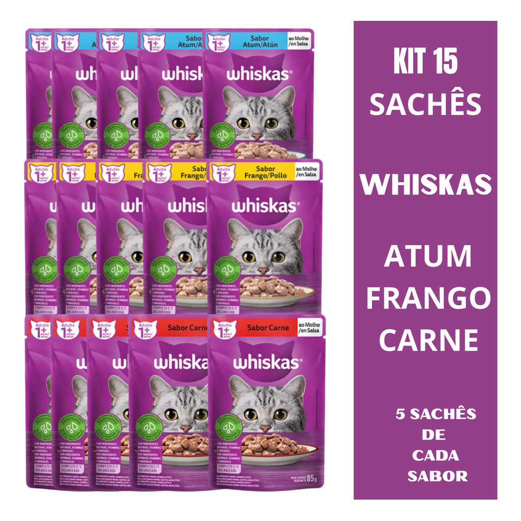 Whiskas Combo 15 Sachê 85g Gatos Ração Varios Sabores
