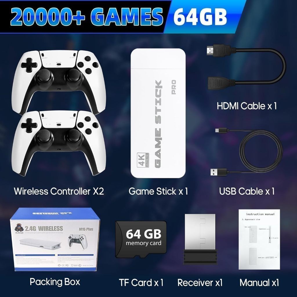 Imagem Novo Controle para Videogame M15 Pro 4K 2025, 64 GB HDMI | Com 2 Controles Sem Fio + 30.000 Jogos
