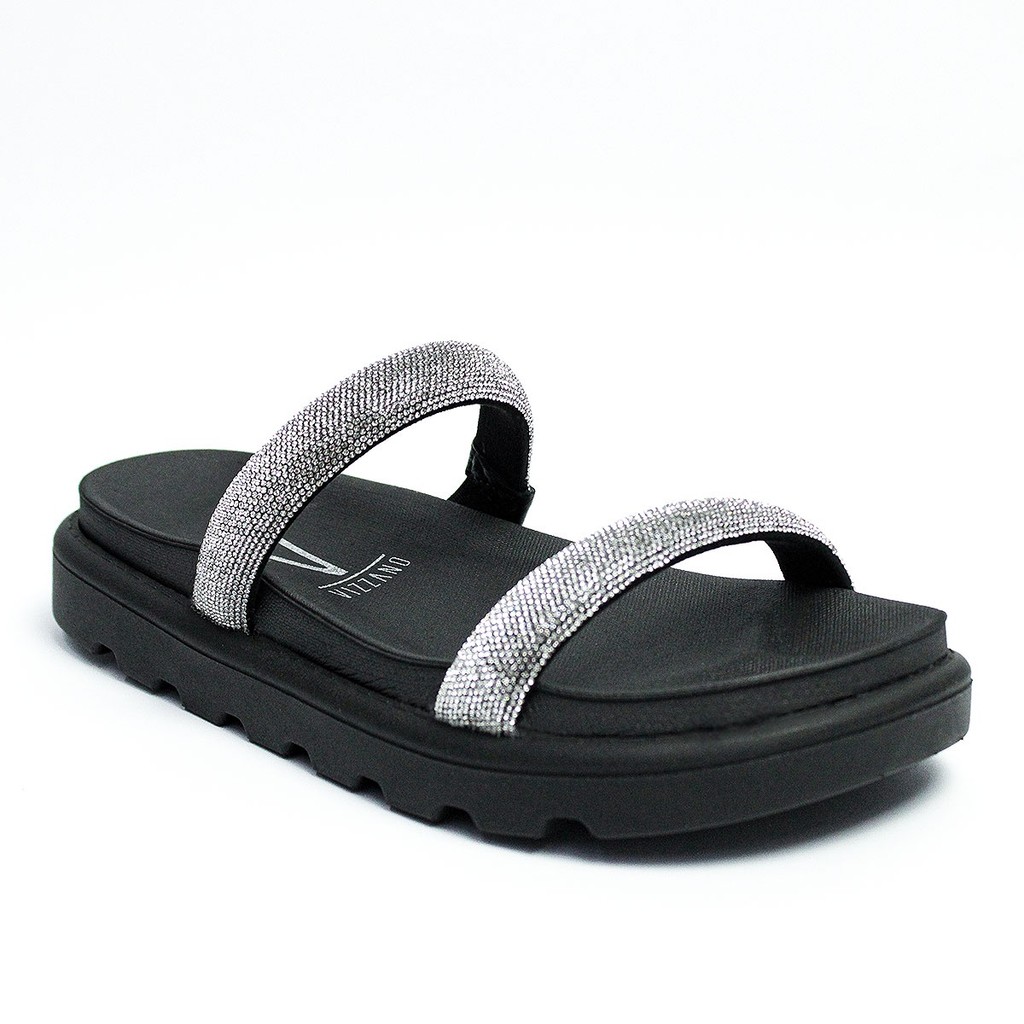 Papete Vizzano Feminina Strass Brilho Tratorada Original Preto e Prata 6459-86785