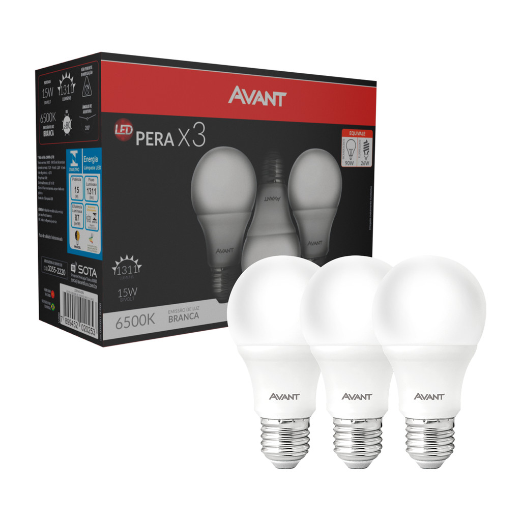 Kit 3 Lampadas Led Pera 15w 6500K E27 110v/220v Ip20 Avant em Oferta na Shopee