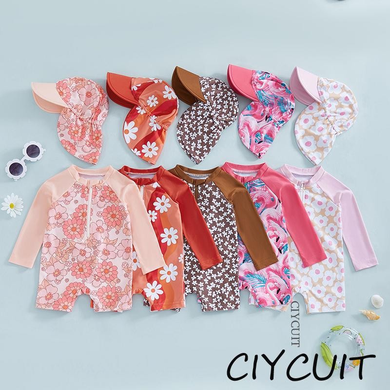 CIYCUIT-[3 Meses A 4 Anos Maiô De Manga Comprida Para Bebês Meninas Com Bonés] Floral/Flamingo Estampado Meio Zíper Sem  em Oferta na Shopee