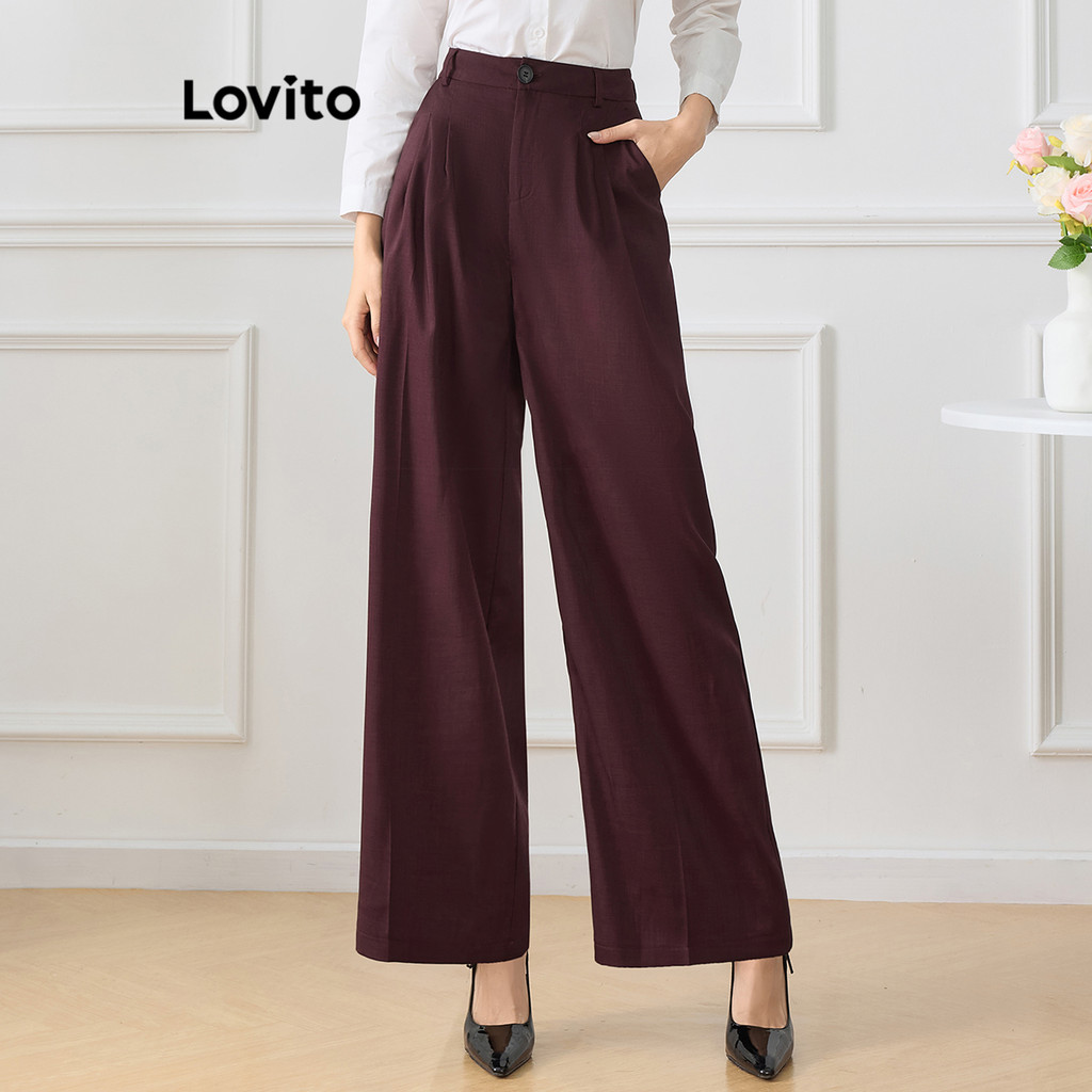 Lovito Calça plissada elegante com botões simples para mulheres L118ED272 - Women Clothes