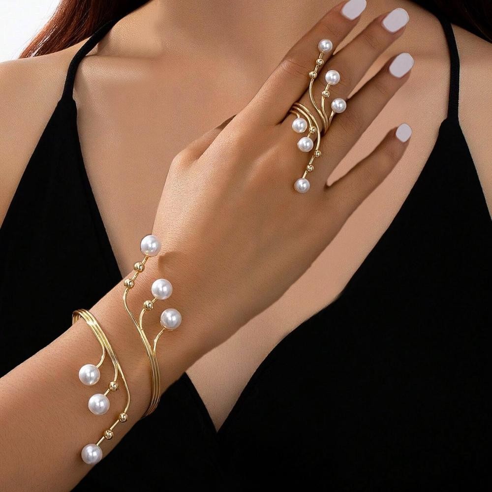 Pulseiras De Punho Robusto Anéis Para Mulheres Strass Pérolas Pulseira Anel Conjunto Ouro Chunky Conjuntos De Jóias De B