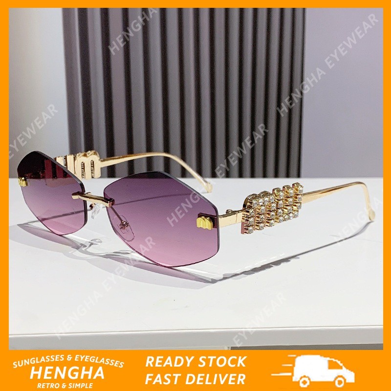 (HENGHA) Óculos De Sol De Diamante Sem Moldura De Metal Estilo Ocidental Luz Luxo Carta Templo em Oferta na Shopee