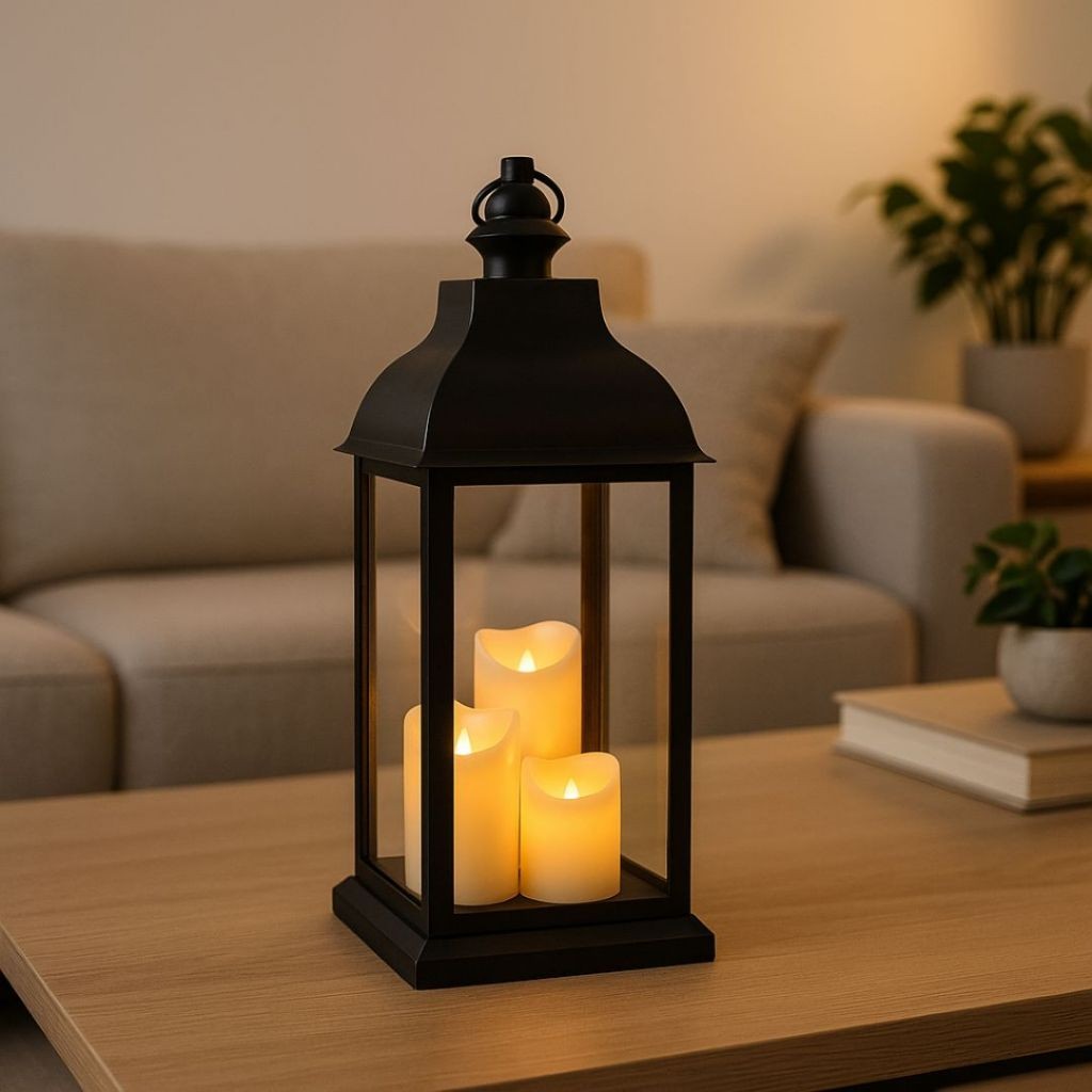 Luminária Lanterna Alta c/ 3 Velas LED – Plástico e Vidro – 54cm – Cores Preto, Cobre ou Branco