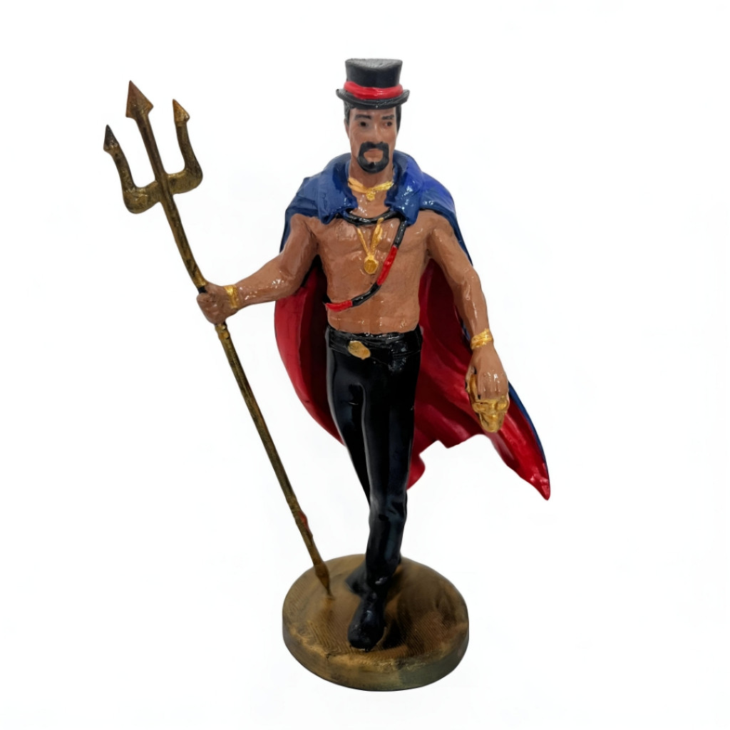 Exu tranca rua 10cm -resina com tridente caveira realista colorido capa azul entidade