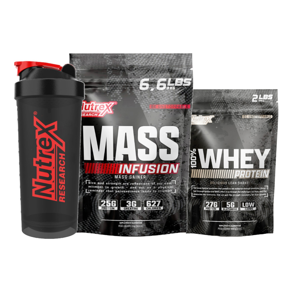 Kit Completo Nutrex 100% Whey 900g + Mass Infusion 3kg + Coqueteleira - Ganhe Força, Massa e Cresça