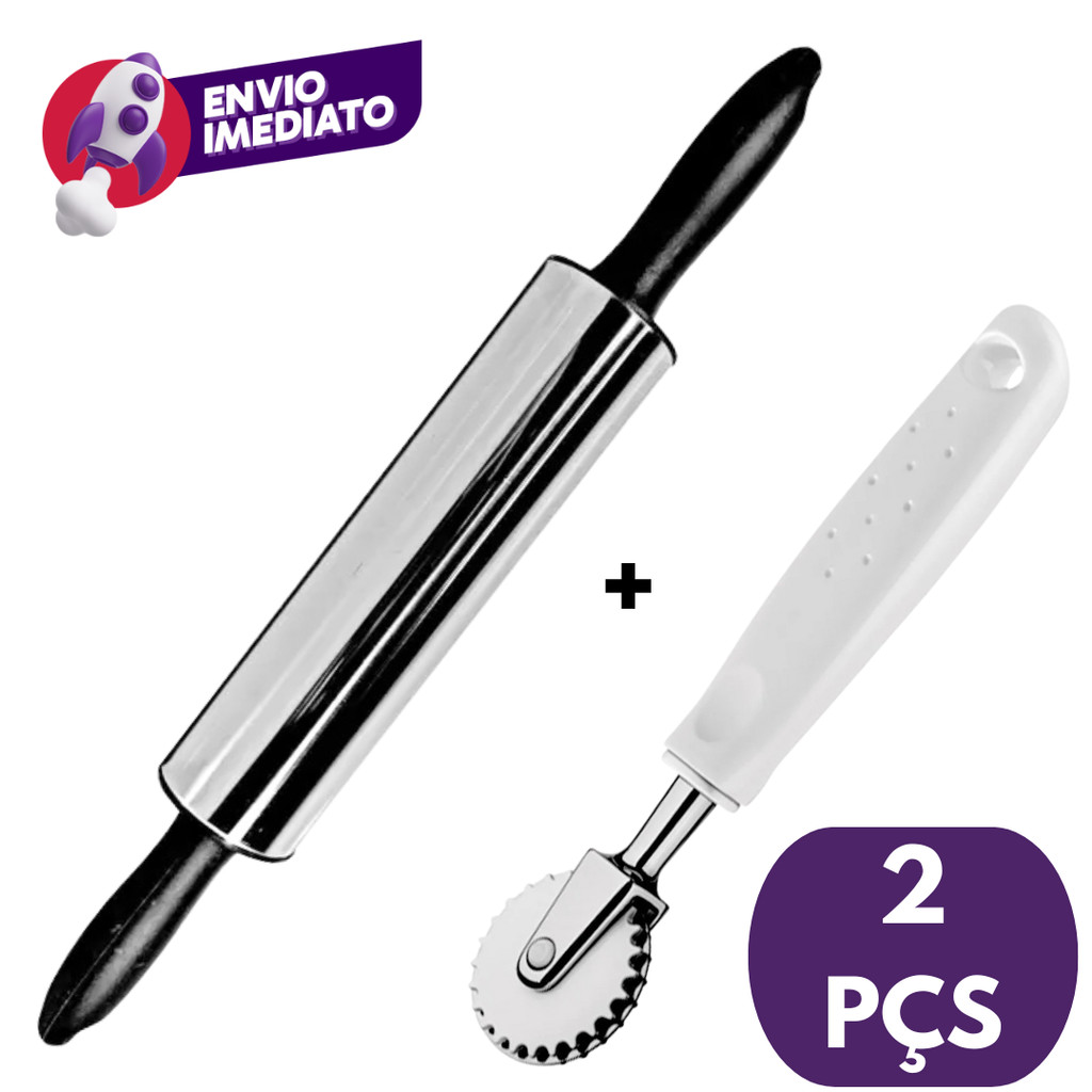 KIT 02 ITENS: ROLO PARA ABRIR MASSA INOX + CARRETILHA CORTADOR MASSA CORTA E FECHA