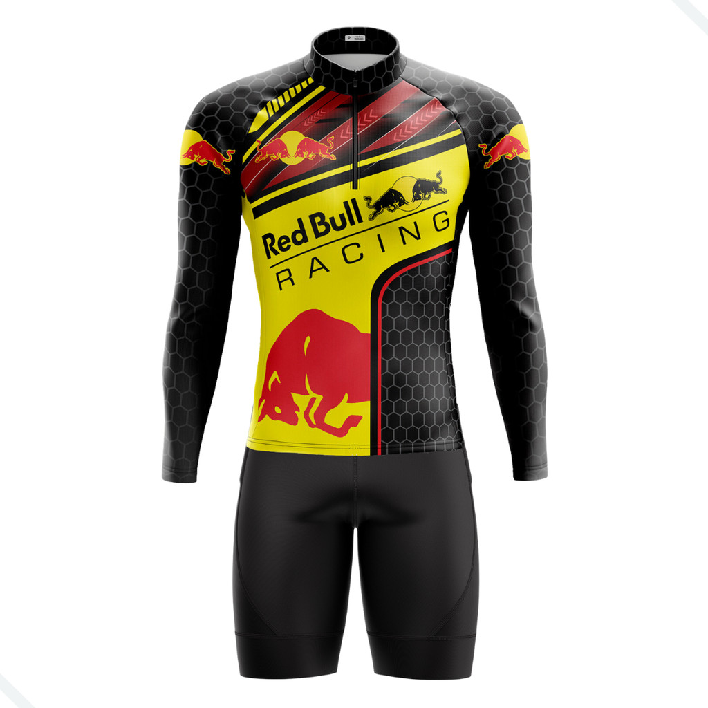 CONJUNTO CICLISTA MASCULINO BERMUDA E  CAMISA MANGA LONGA RED BULL COM BOLOS UV 50+