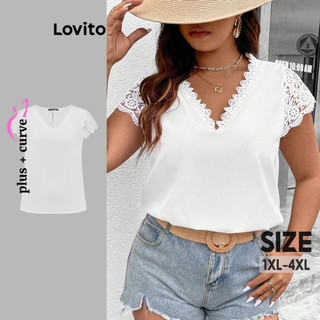 Lovito Blusa Plus Size Curve Elegante Renda Lisa Pescoço Babado para Mulheres LBL19838 em Oferta na Shopee