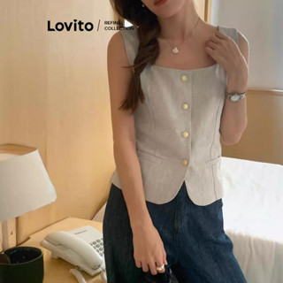 (Lovito Refine) Regata casual com botão liso para mulheres LNE77724 em Oferta na Shopee