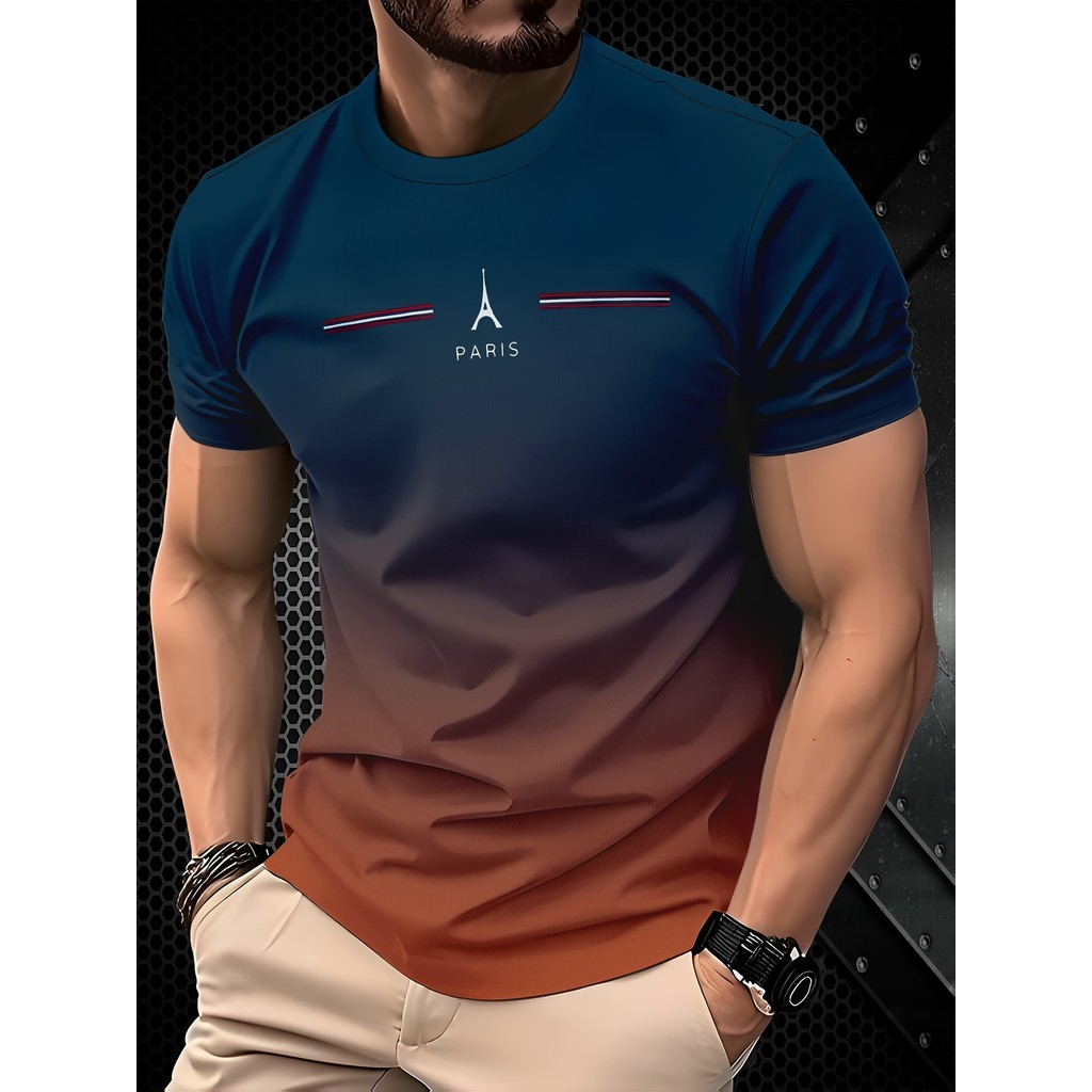 Camiseta Gradiente Masculina Com Estampa 3D De Manga Curta Na Torre Eiffel Em Paris Roupas De Verão Elegantes E Legais