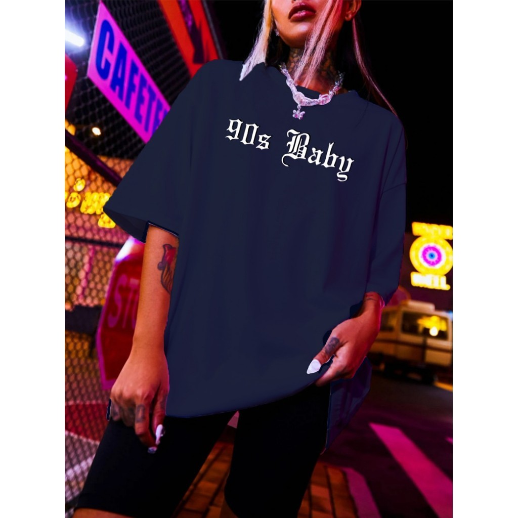 Camiseta Cor Azul Marinho Oversized Estampa 90S Baby Aesthetic Época Bordado Streetwear Unissex