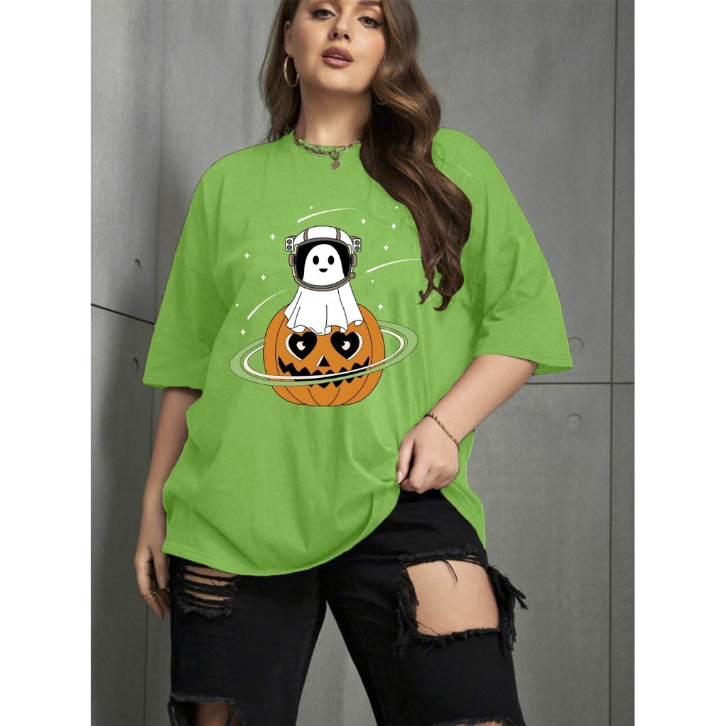 Camiseta Verde Halloween Fantasma Macio Confortável Blusa Manga Curta Abobora Laranja Espacial