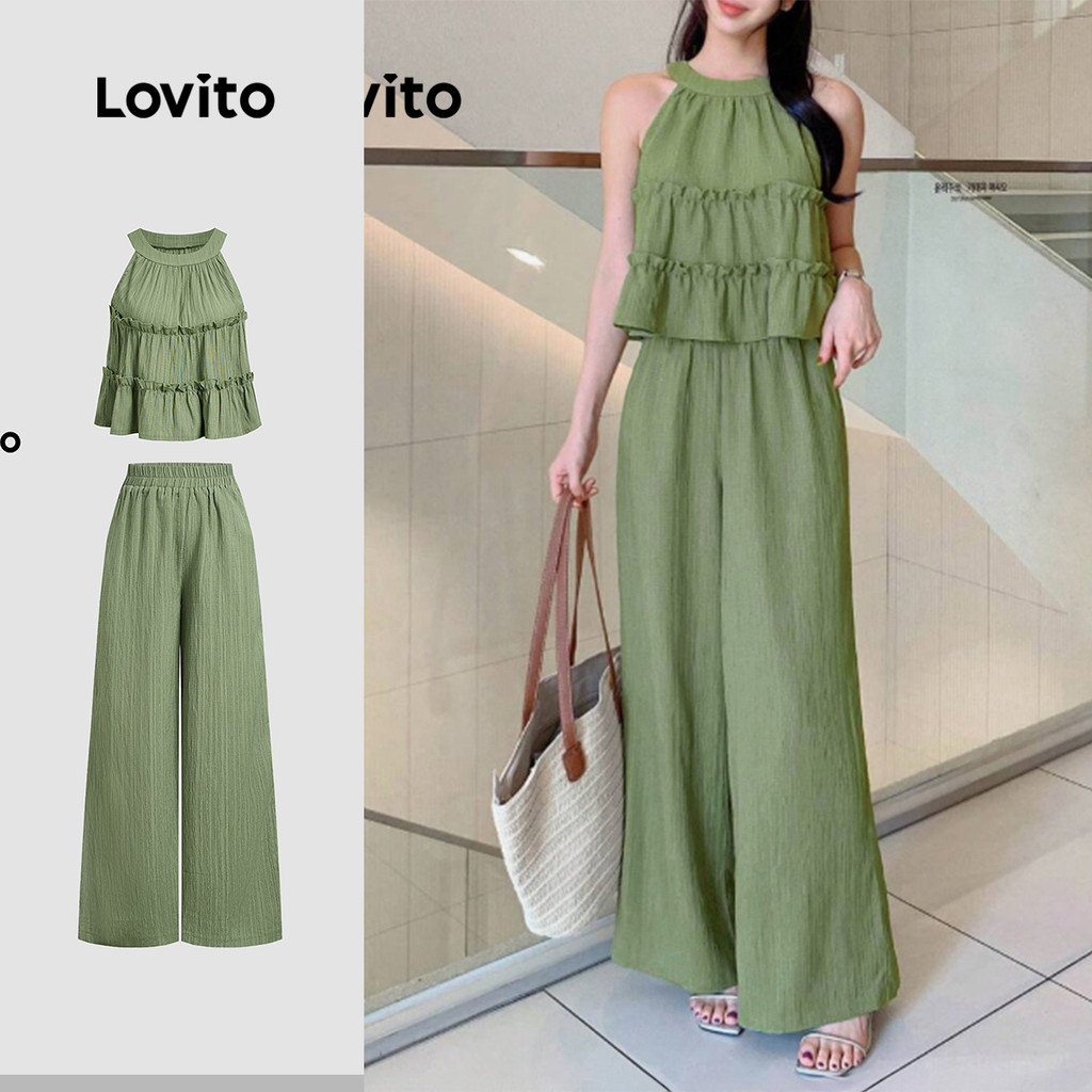 Lovito Conjuntos de calças elegantes com babados, hortênsia e calças verdes leves para mulher LB135LD425 em Oferta na Shopee
