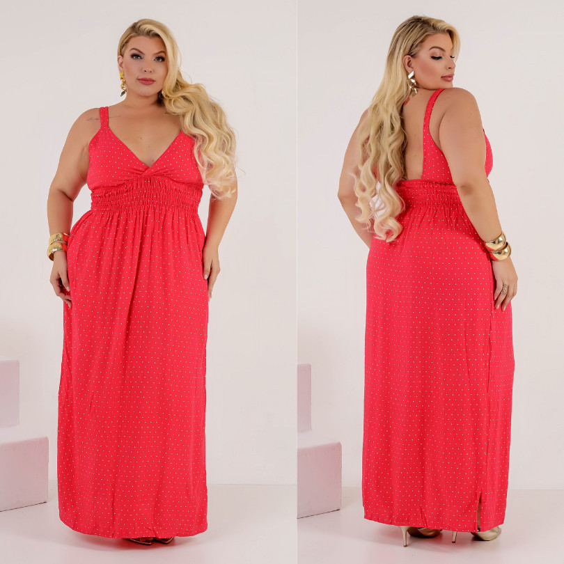 Vestido Longo Plus Size Feminino em Viscolinho Alças Decote V Elástico na Cintura