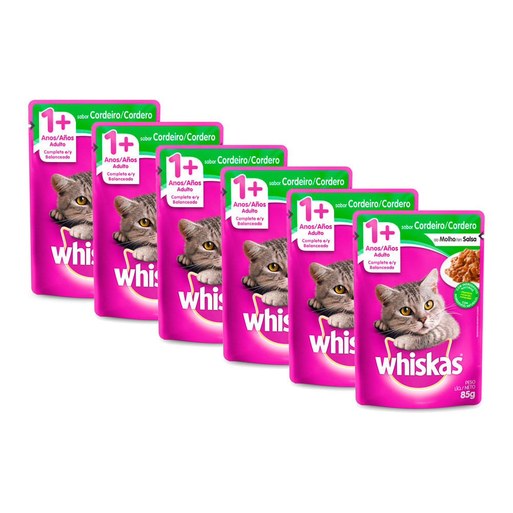 Kit 6 Ração para Gatos Whiskas Adulto 1+ Anos Sachê Sabor Cordeiro ao Molho 85g - Pets