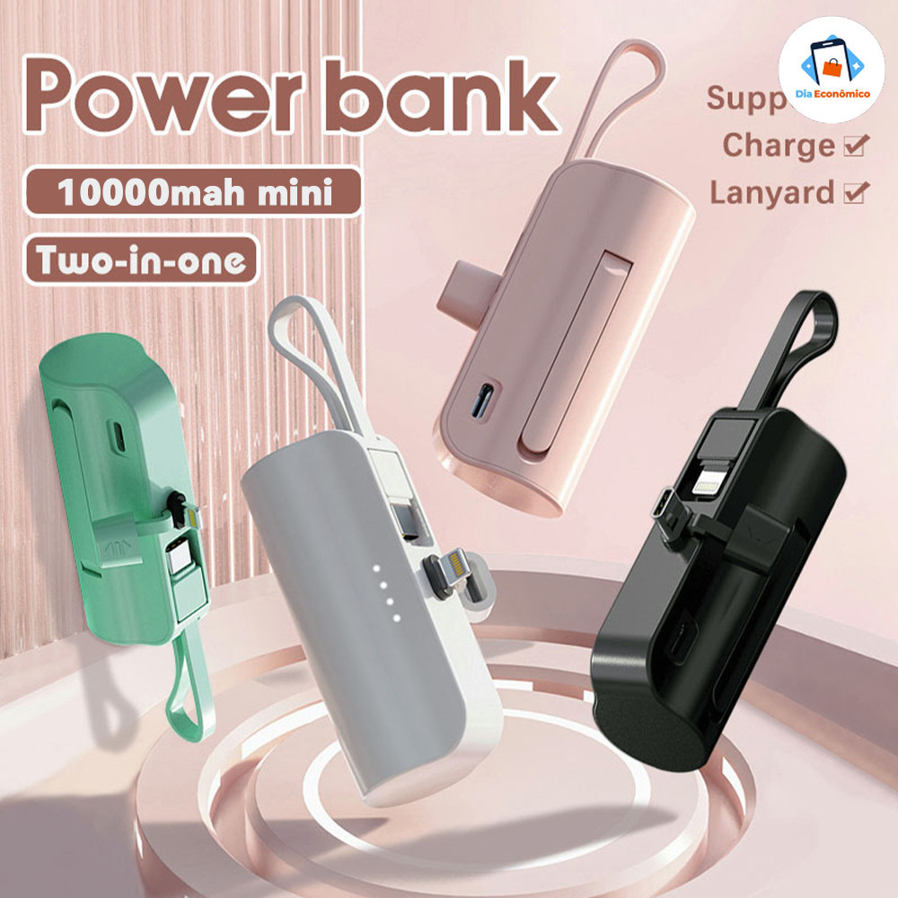 Carregador Portátil Mini 10000mAh com Recarga Sem Fio 2-em-1 para iPhone e Tipo-C