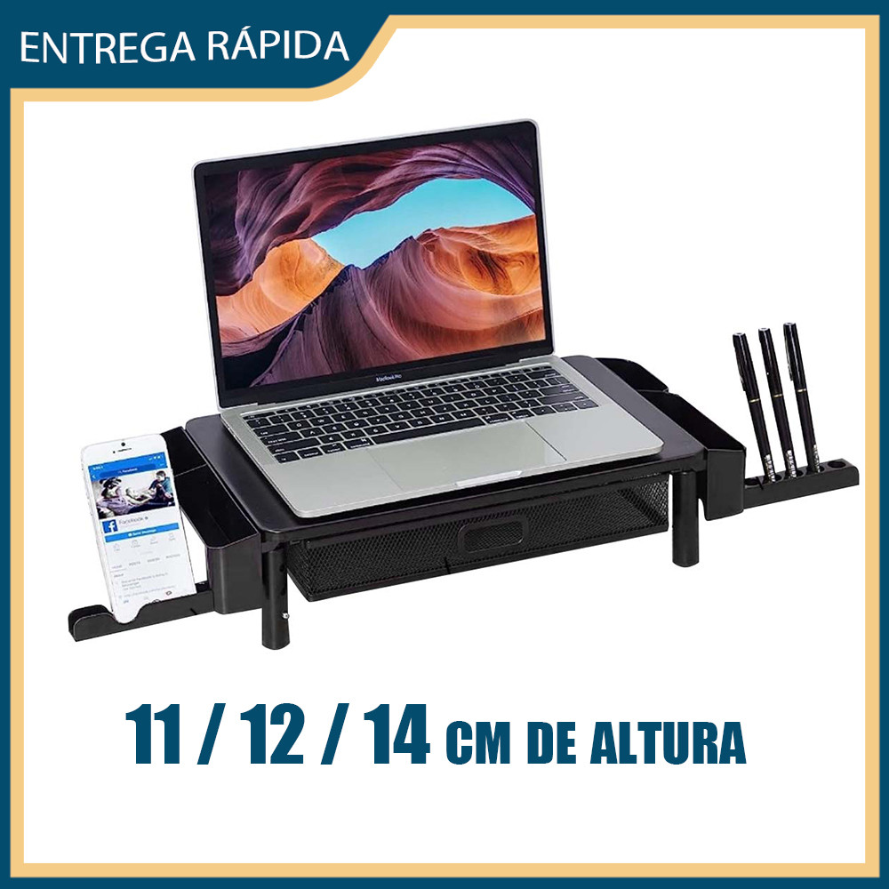 Suporte de metal ajustável em altura com gaveta e calhas laterais Suporte de refrigeração para monitor de computador por