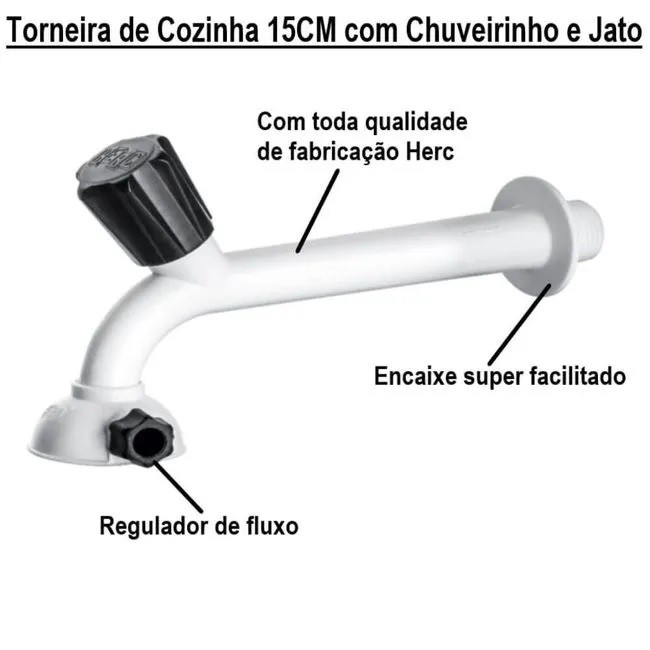 TORNEIRA PAREDE COZINHA / TANQUE PVC 1/2" BRANCA 15cm CHUVEIRINHO HERC - KIT C/12 · foto 2