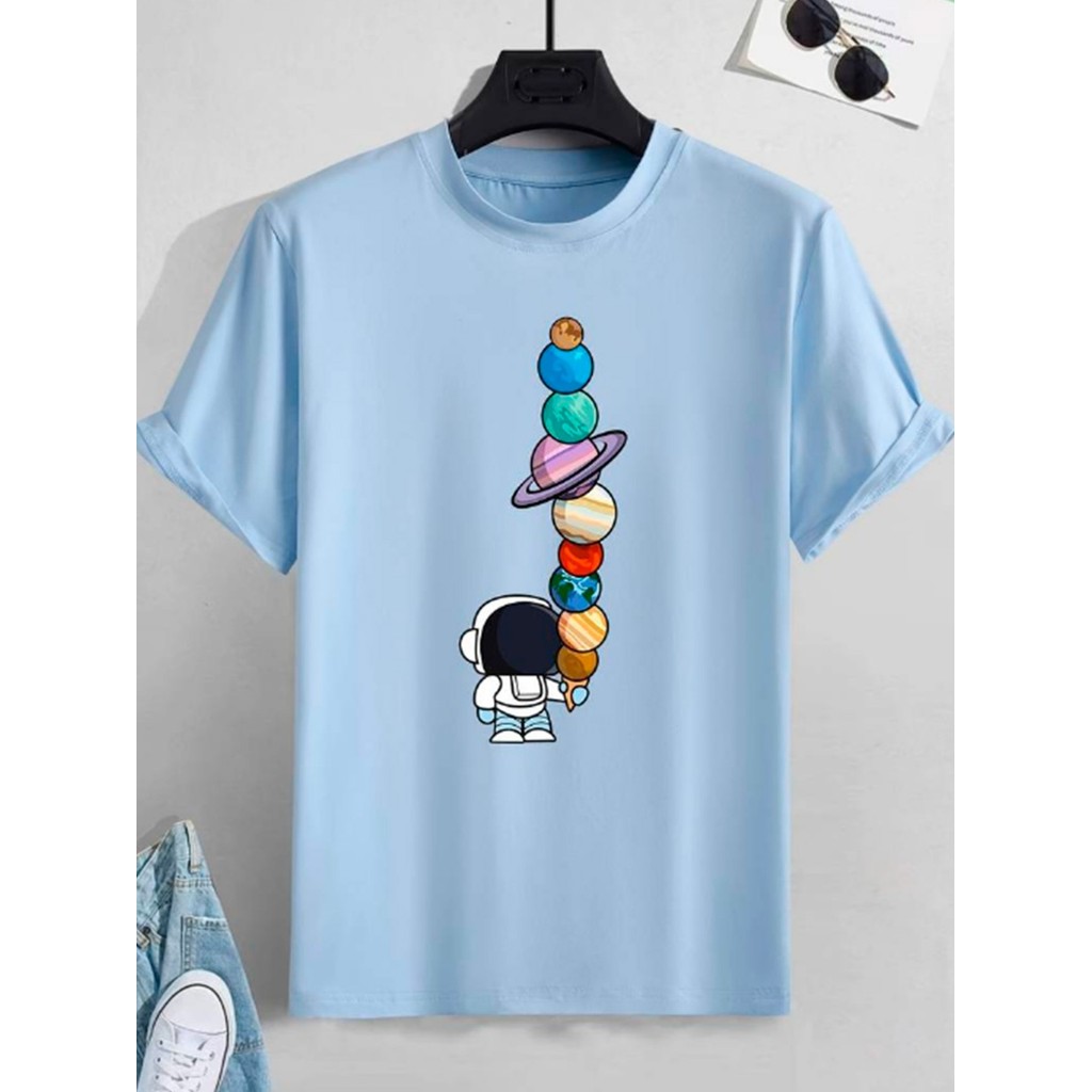 Camiseta Azul Planetas Feminino Masculino Estampa Astronauta Confortável Macio Aesthetic Oversized