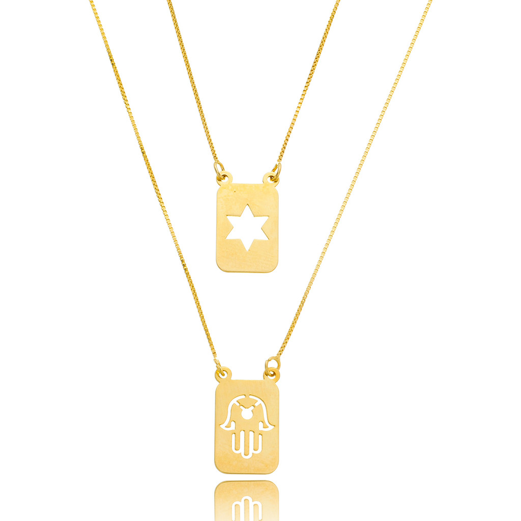 Escapulário 60cm Amuleto Mão de Fátima/Hamsá e Estrela de Davi- Prata Banho Ouro 18k
