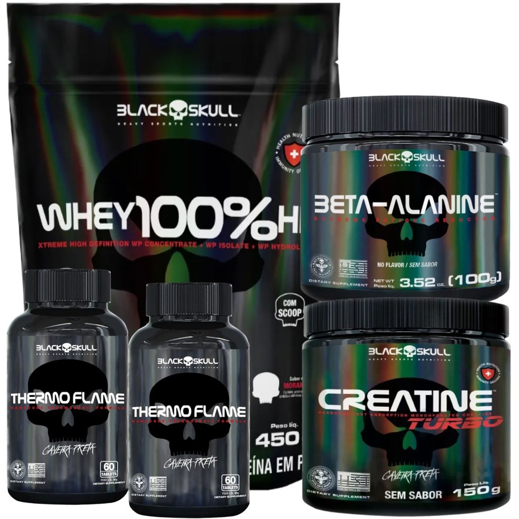 Kit Black Skull: Whey 100% hd Refil 900g + 2x Cafeína Thermo Flame 60 tabs + Beta Alanina 100g + Creatina Turbo 150g