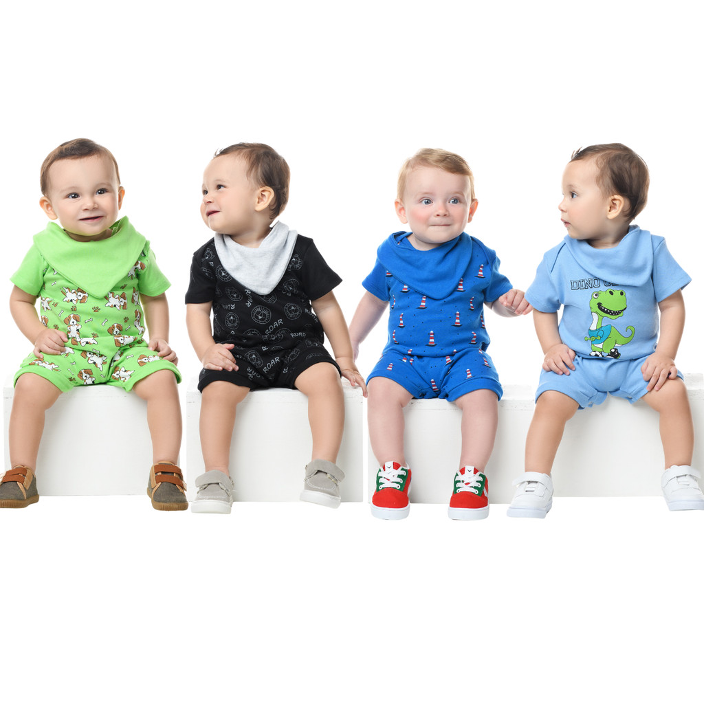 Kit Macacão Curto Bebê Menino 3 Peças - Banho de Sol - Conjunto Macacão Calor - Romper - Macaquinho - Mesversário -Verão