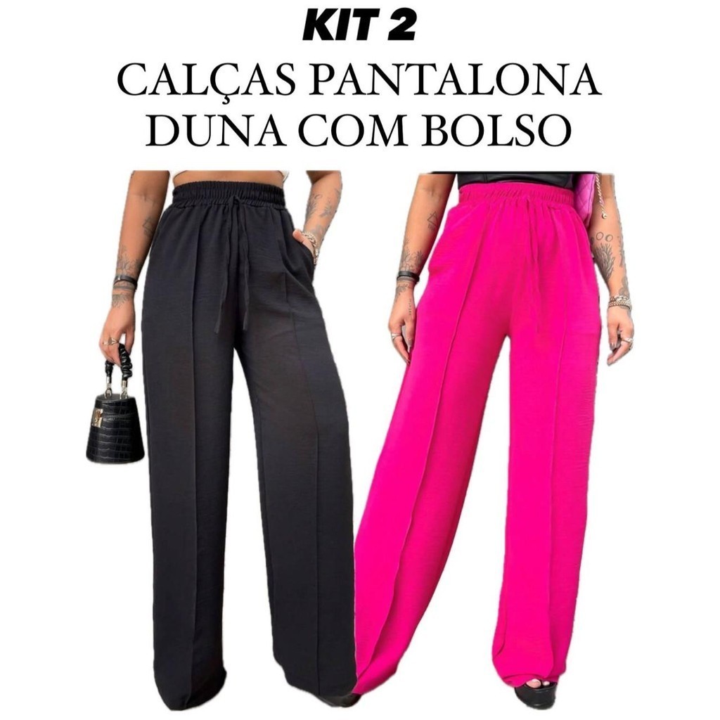 Kit 2 Calça Pantalona Duna Feminina Com Bolso Cintura Alta Tecido Premium