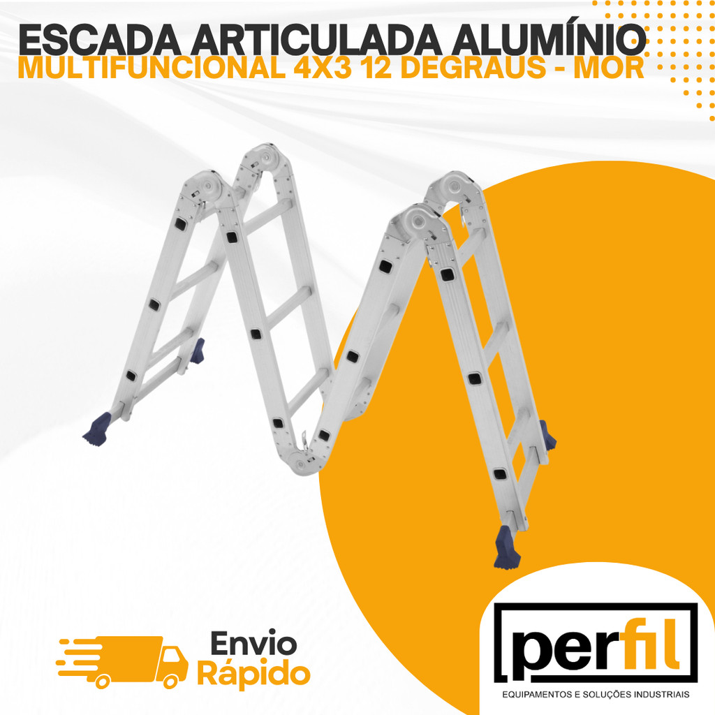Escada Articulada de Alumínio 12 Degraus 3,32m Altura Multifuncional 4x3 Dobrável e Segura