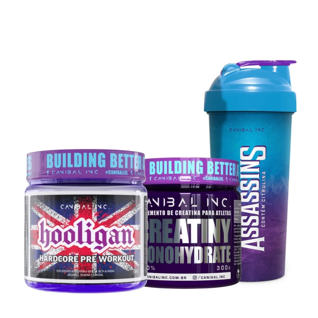 Kit Pré-Treino Hooligan Pote 301g + Creatina 300g + Coqueteleira Canibal Inc Maçã Verde em Oferta na Shopee