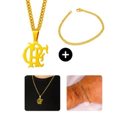 Kit Cordão Corrente + Pulseira Corrente 3mm Grumet 60cm Masculino Pingente Time Flamengo CRF Dourado Aço Inox