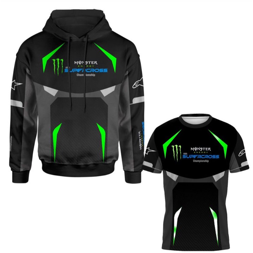 Kit Moletom + Camiseta 3D Motocross Trilha Monster Motors Poliester Capuz Bolso Estilo Radical