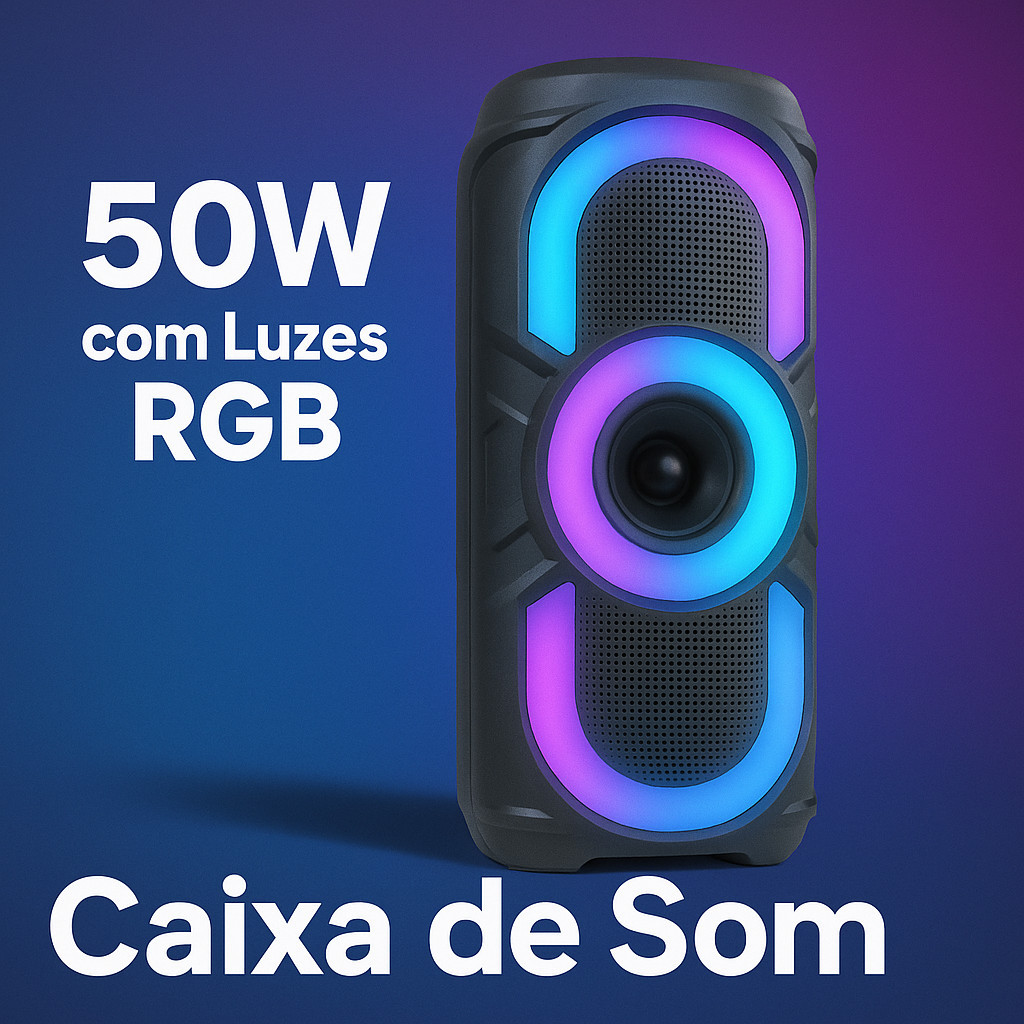 Caixa de Som Bluetooth Portátil 50W LED RGB TWS USB/FM Estéreo Potente c/ Microfone e Volume Ajustável