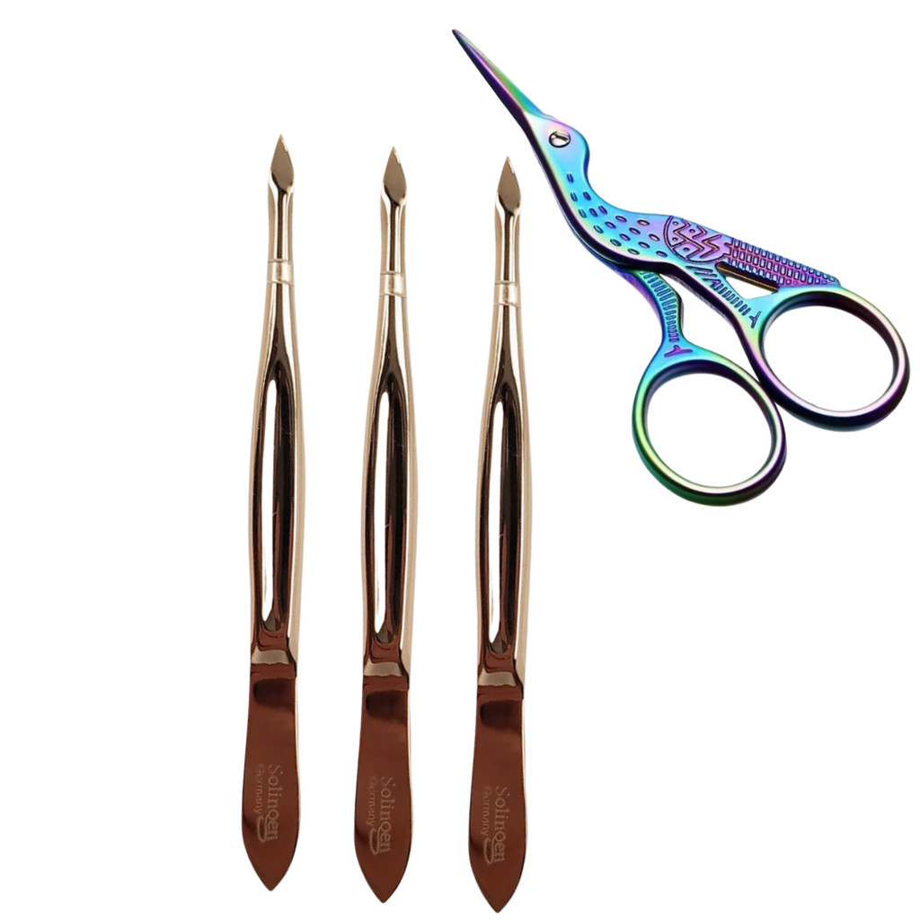 Kit 3 Pinça Solingen Ponta Triangular Design Profissional + Tesourinha Cílios Garça Color