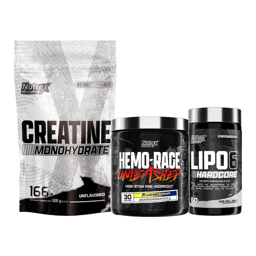 Kit Hemo-Rage 180g + Creatina 500g + Lipo 6 Hardcore 60 Caps Nutrex Research Energia, Força e Definição