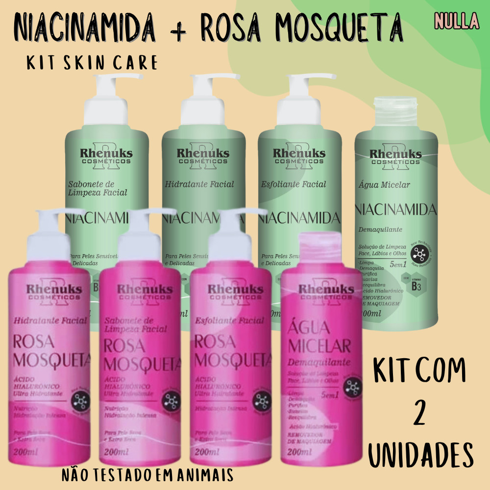 KIT Skin Care ROSA MOSQUETA + Skin Care NIACINAMIDA KIT facial RHENUKS c/ 4 itens cada