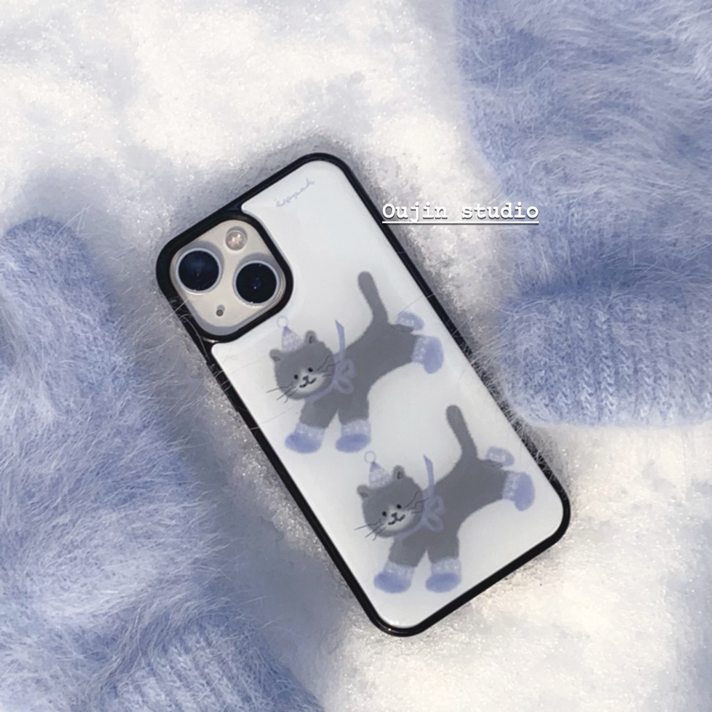 Estilo coreano ins nicho Design pequeno fresco bonito inverno gato gato acrílico borda preta capa de telefone 16/15proma