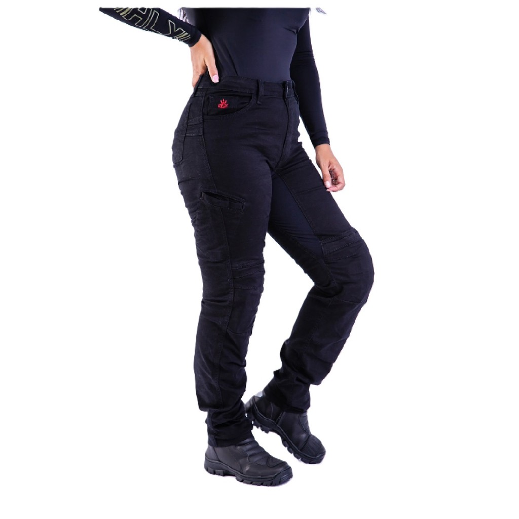 CALÇA JEANS FEMININA PROTEÇÃO RACER HLX CINTURA ALTA PRETA em Oferta na Shopee