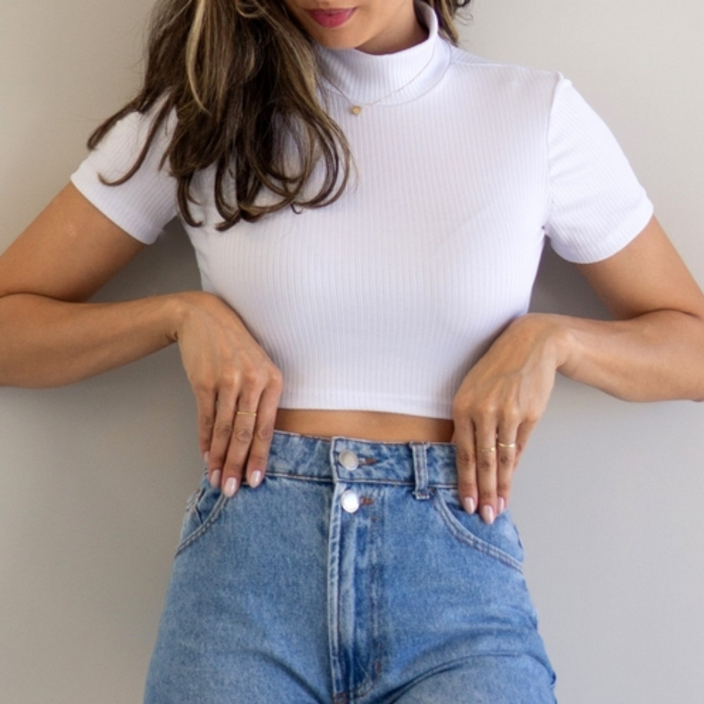 Blusa Cropped Gola Alta Canelada - Blusinhas croppeds cores variadas