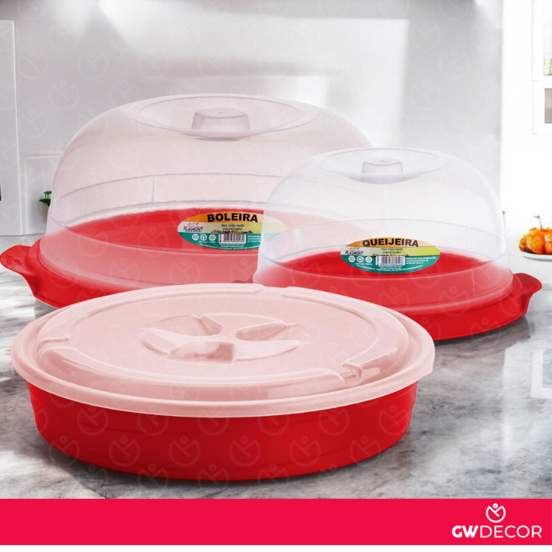 Kit Utensilios Boleira + Queijeira + Torteira de Plastico Com Tampa Armazena Alimentos