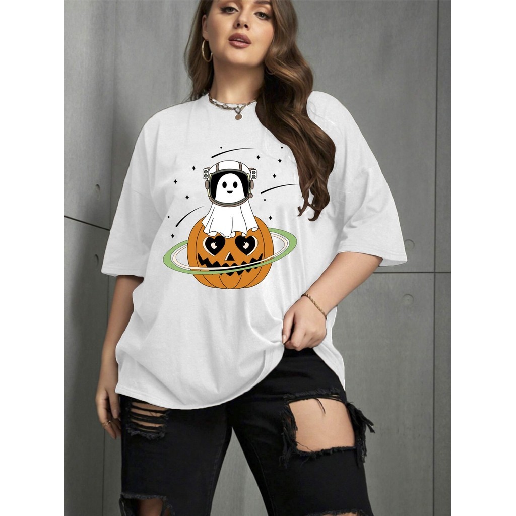 Camiseta Unissex Oversized Abobora Halloween Fantasma Aesthetic Blusa Manga Curta Tedico Macio