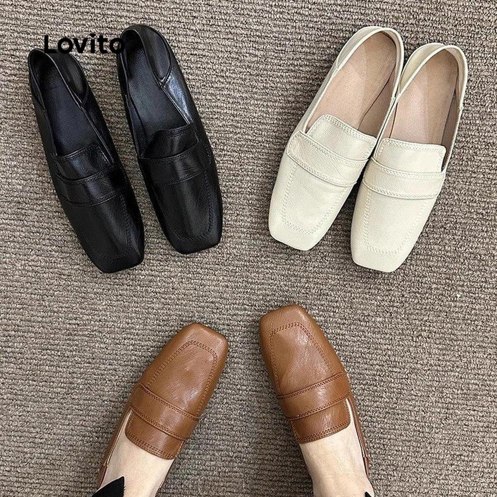 Lovito Casual liso Retro simples fundo de couro macio confortável balé plano para mulheres LFA75016 - Women Shoes